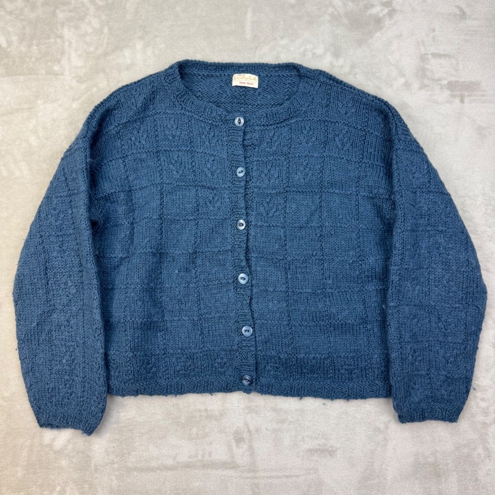 Vtg 50s Hand Knit Cardigan Sweater Womens XL Blue Cable Grid Button Front 22x29